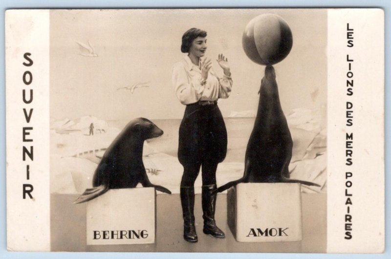 RPPC PERFORMING SEALS SOUVENIR CARD BERHRING & AMOK BEACH BALL NOT POSTCARD BACK