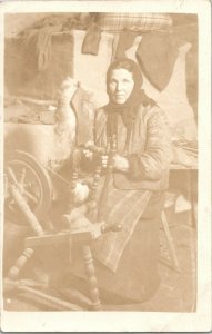 RPPC Vintage Real Photo Postcard Woman at Spinning Wheel PC-15