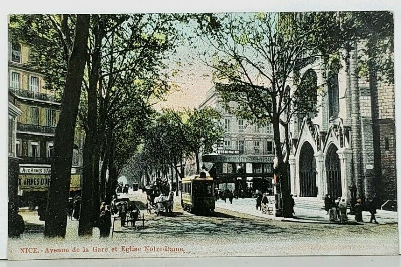NICE Avenue de la Gare et Eglise Notre - Dame c1900 Postcard J12