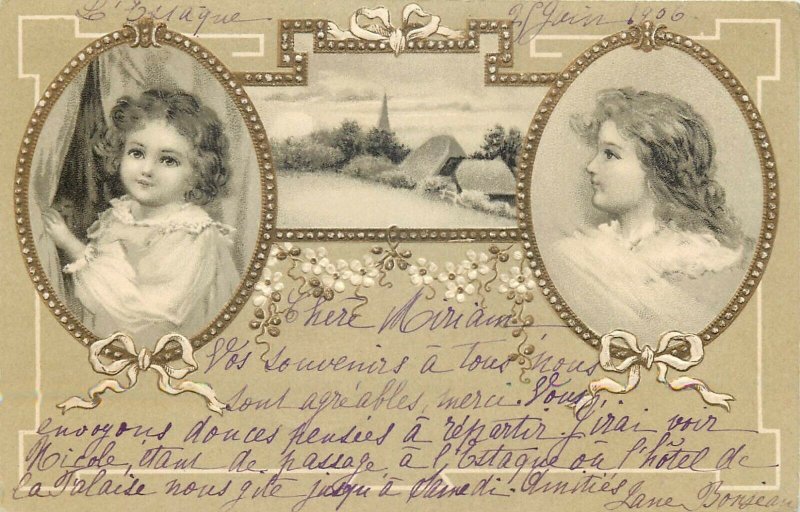 Novelty 1906 embossed fantasy greetings postcard landscape little girl in frame