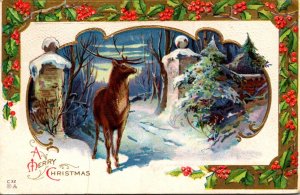 Christmas With Deer and Winter Scene 1914