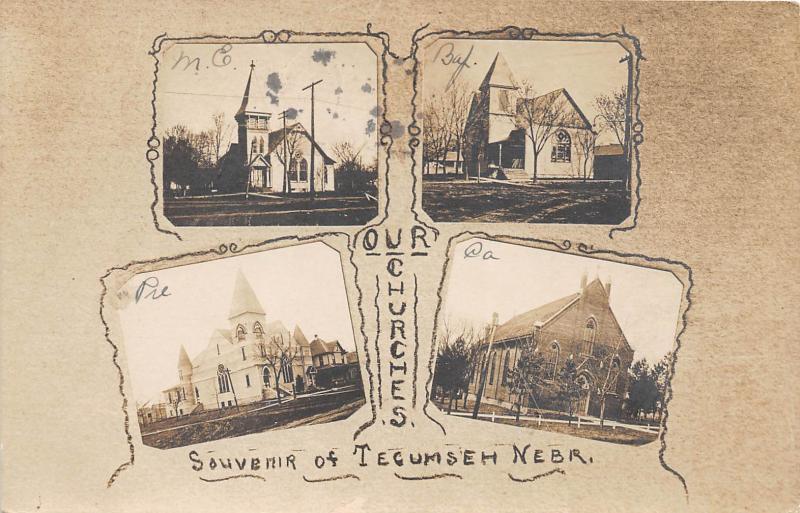 D57/ Tecumseh Nebraska Ne Real Photo RPPC Postcard 1907 4View Churches Fancy