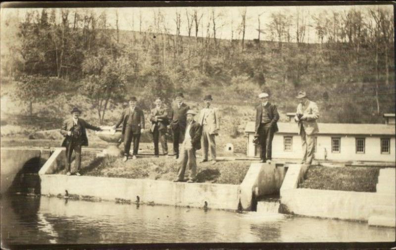 Men w/ Cameras Around Dam or Fish Hatchery? c1910 Real Photo Postcard