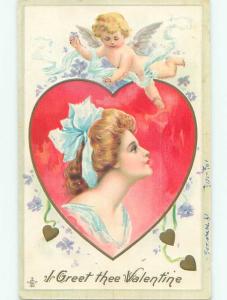 Pre-Linen valentine CUPID OVER FACE OF PRETTY GIRL ON HEART W7249