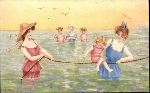 Bathing Beauty Women & Child Play in Water M. Morris Tuck Seafoam #6493