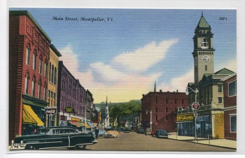 Main Street Car Montpelier Vermont linen postcard