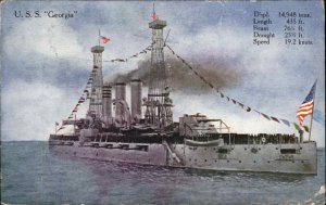 US Navy Battleship USS Georgia 1915 Used Postcard Stamp Fallen Off