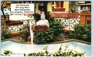 LOS ANGELES, CA  New Chinatown BUDDHA ~ LILY POND & GIN LING WAY 1952 Postcard