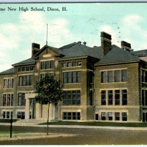 1910 Dixon, Ill Handsome New High School Litho Photo Postcard Building Vtg A33