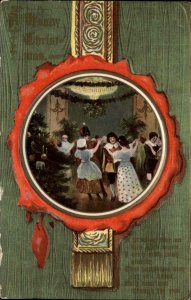 Christmas Children Dancing Wax Seal Border c1910 Gel Postcard