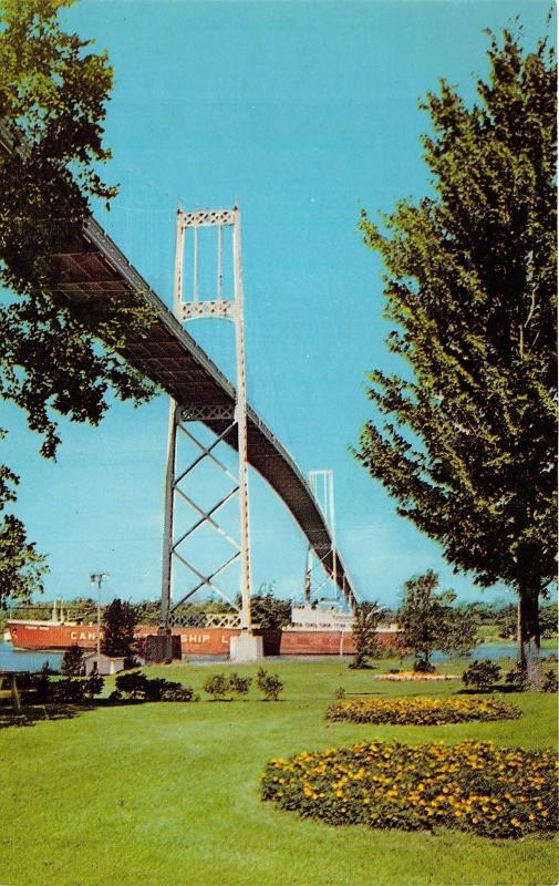 Thousand Islands New York International Bridge to Ontario~Canadian? Ship~'60s Pc