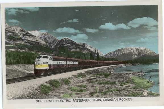 Colorized RPPC, Canadian Pacific Railroad Passenger Train in Canadian Rockies