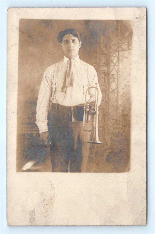 Postcard Man with Trumpet c1915 RPPC Real Photo K10