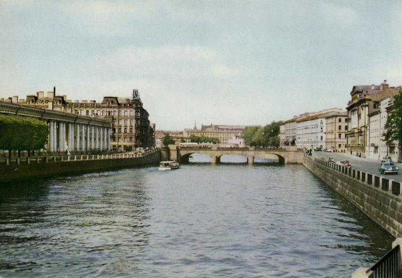 Fontanka river and Anichkov bridge, Leningrad (St. Petersburg), Russia, 1960s