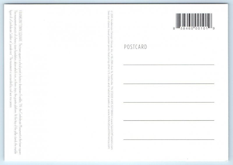 FRANKLIN, TN ~ Town Square CONFEDERATE MONUMENT 4x6 ~ 2011 Modern Postcard