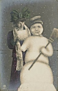 Germany Beautiful Woman With Smoking Snowman Broom Postcard