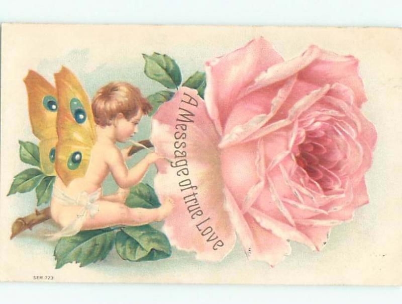 Pre-Linen Valentine CUPID PAINTING MESSAGE ON PINK ROSE FLOWER AB3221