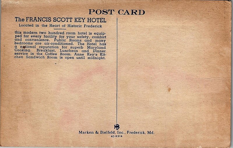 1940s FRANCIS SCOTT KEY HOTEL IN FREDERICK, MARYLAND LINEN POSTCARD 20-73