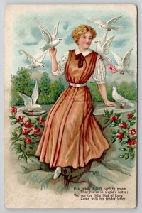 Fair Maid Pretty Woman with Doves Cupids Letter Roses Postcard D21