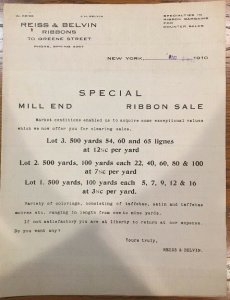 1910 REISS & BELVIN Satin Taffeta Ribbons NEW YORK New York  Letterhead