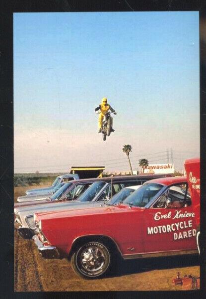 EVEL KNIEVEL MOTORCYCLE DAREDEVIL JUMPING CARS POSTCARD ADVERTISING COPY