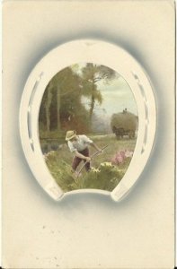 German Country Farm Scene tending field - pzig kunstier postkarten serie