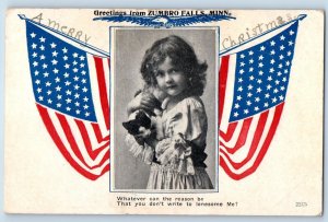 Zumbro Falls Minnesota MN Postcard Greetings Merry Christmas American Flag 1920