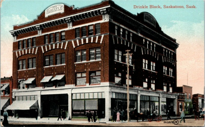 Postcard SK Saskatoon Drinkle Block Buggies Shops Law Office ~1910 K50