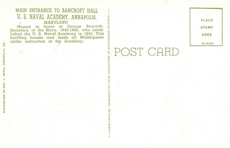 Vintage Postcard Main Entrance To Bancroft Hall US Naval Academy Annapolis MD 
