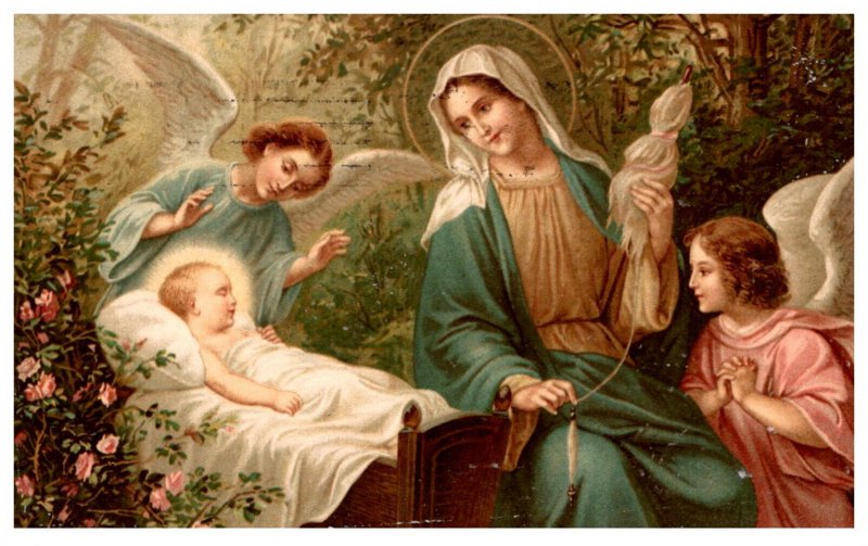 Jesus in crib, Angels, Virgin Mary
