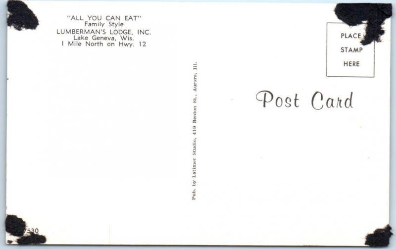 LAKE GENEVA, Wisconsin  WI    Roadside  LUMBERMAN'S LODGE ca 1950s-60s Postcard