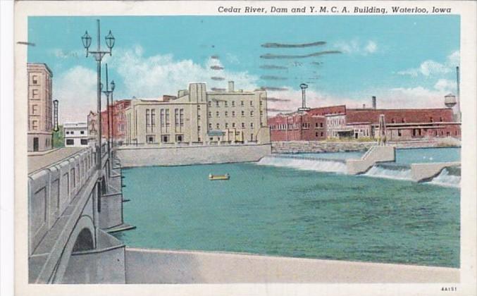 Iowa Waterloo Cedar River Dam and Y M C A Building 1943 Curteich