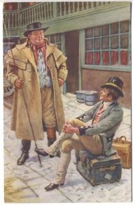 Raphael Tuck Man Sitting on Trunk near Man Standing Dickens Series Postcard