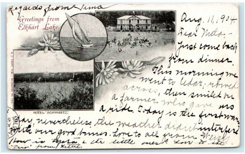 ELKHART LAKE, WI Wisconsin     Early MULTIVIEW  Hotel, Boat   1904     Postcard