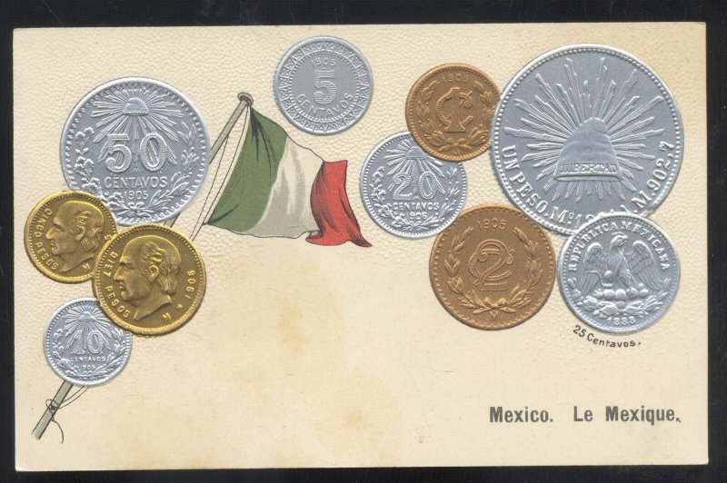 MEXICO LE MEXIQUE MONEY COINS MEXICAN FLAG VINTAGE MONETARY POSTCARD