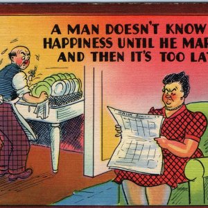 c1940s Man Doesn't Know Happiness Until Married, Too Late Postcard Do Dishes A80