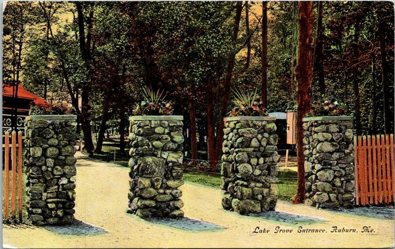 Lake Grove Entrance Auburn ME Maine Antique Postcard DB UNP Unused Curt Teich 