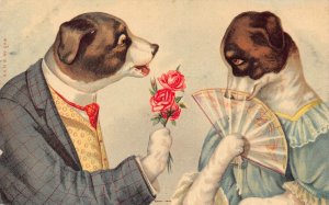 Love Romance Humanized Dog Couple Flirting Fan Roses Flowers postcard  B925