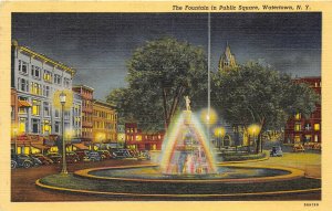 Watertown New York 1947 Postcard Fountain in Public Square Cars Stores