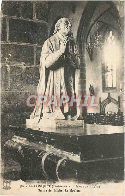 Old Postcard Le Conquet (Finistere) Interior of the Church Statue of Michel L...