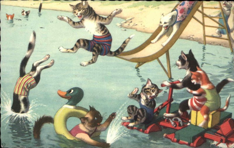 Mainzer Cats as People Fantasy No. 4888 Swimming Sliding Vintage Postcard