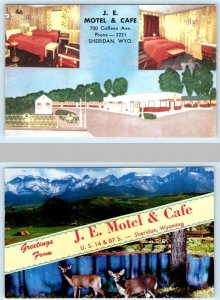 2 Postcards SHERIDAN, Wyoming WY ~ Roadside J.E. MOTEL & CAFE Advertising 1950s