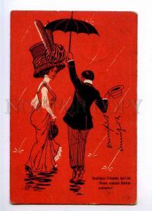 189685 FASHION Lady HUGE HAT in RAIN Vintage COMIC postcard