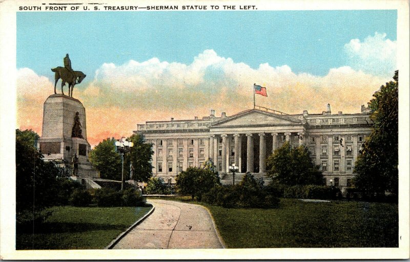 Vtg 1920s South Front US Treasury Building Sherman Statue Washington DC Postcard