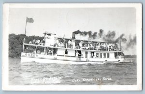 Lake Okoboji Arnolds Park Iowa IA Postcard RPPC Photo Queen Ferry Boat Scene