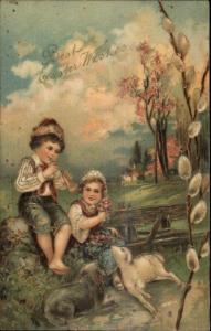 Easter - Children & Lambs - Boy Plays Horn c1910 PFB Postcard