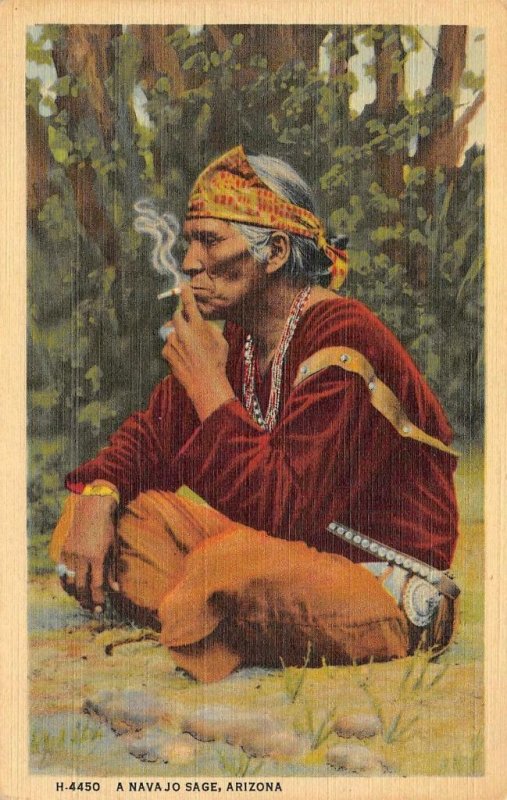 A NAVAJO SAGE Arizona Native American Indian Smoking c1940s Vintage Postcard