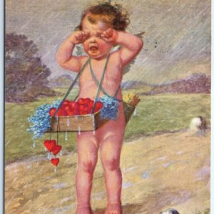 c1910s German Crying Cupid Cherub Heart Arrow Postcard Schlechtes Geschäft A86