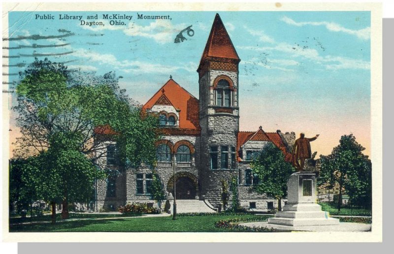 Dayton, Ohio/OH Postcard, Public Library & McKinley Monument