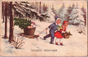 Happy New Year Kids In Snow A Sled Vintage Postcard 09.56 